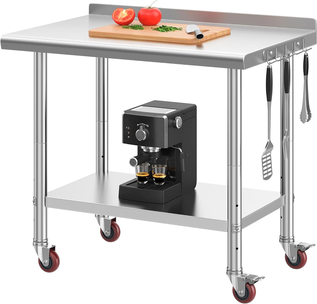 YITAHOME 36' x 24' Stainless Steel Table with Wheels for Prep & Work with Backsplash, NSF Metal Table Prep Table with Undershelf for Home Kitchen Restaurant Garage Warehouse