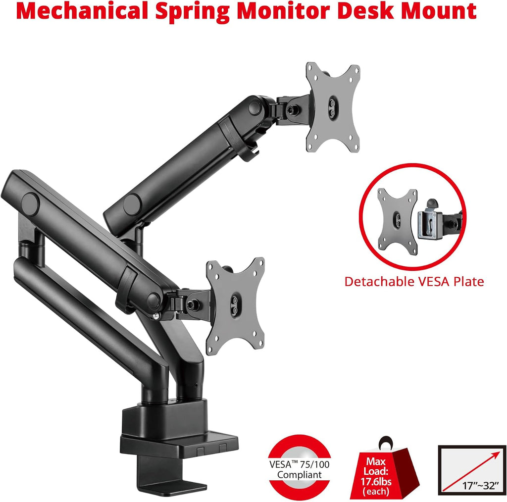 SIIG Aluminum Mechanical Dual Monitor Arm Mount - Height Adjustable Desk Mount for 17in to 32in Screens - 17.6lbs Each Arm - VESA 75x75mm 100x100mm, Black