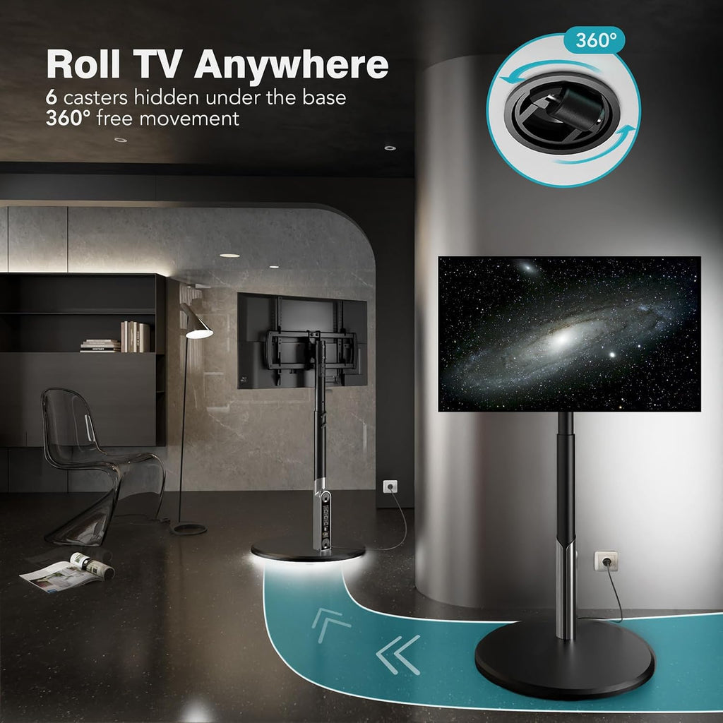 Floor Mobile TV Stand with Power Outlet, Rolling TV Cart for 27-65 Inch OLED LED Monitors, 6 Levels of Height Adjustment, Ambient Lighting on The Bottom Wheels Holds up to 88lbs, 400x400mm