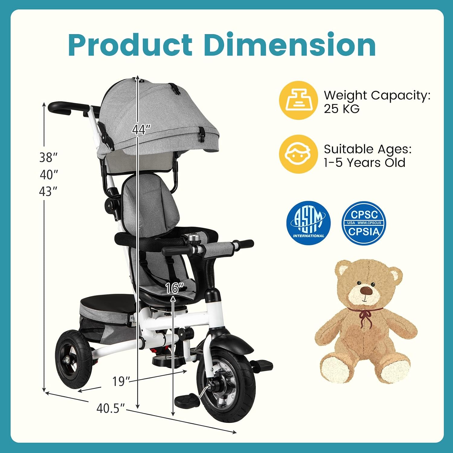 HONEY JOY Tricycle, 5-in-1 Folding Baby Trike Stroller w/Adjustable Handle & Canopy, Reversible Seat, Safety Belt, Folding Pedal, Bell, Storage, Push Tricycle for Toddlers 1-5 Years Old (Gray)