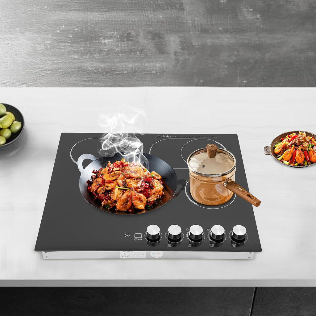 24 Inch Electric Cooktop 4 Burner Stove Top 3400W Drop-in Ceramic Cooktop with 90Min Timer & Knob Control, 5 Power Levels Ceramic Cook Top 110V Electric Stove 4 Burners
