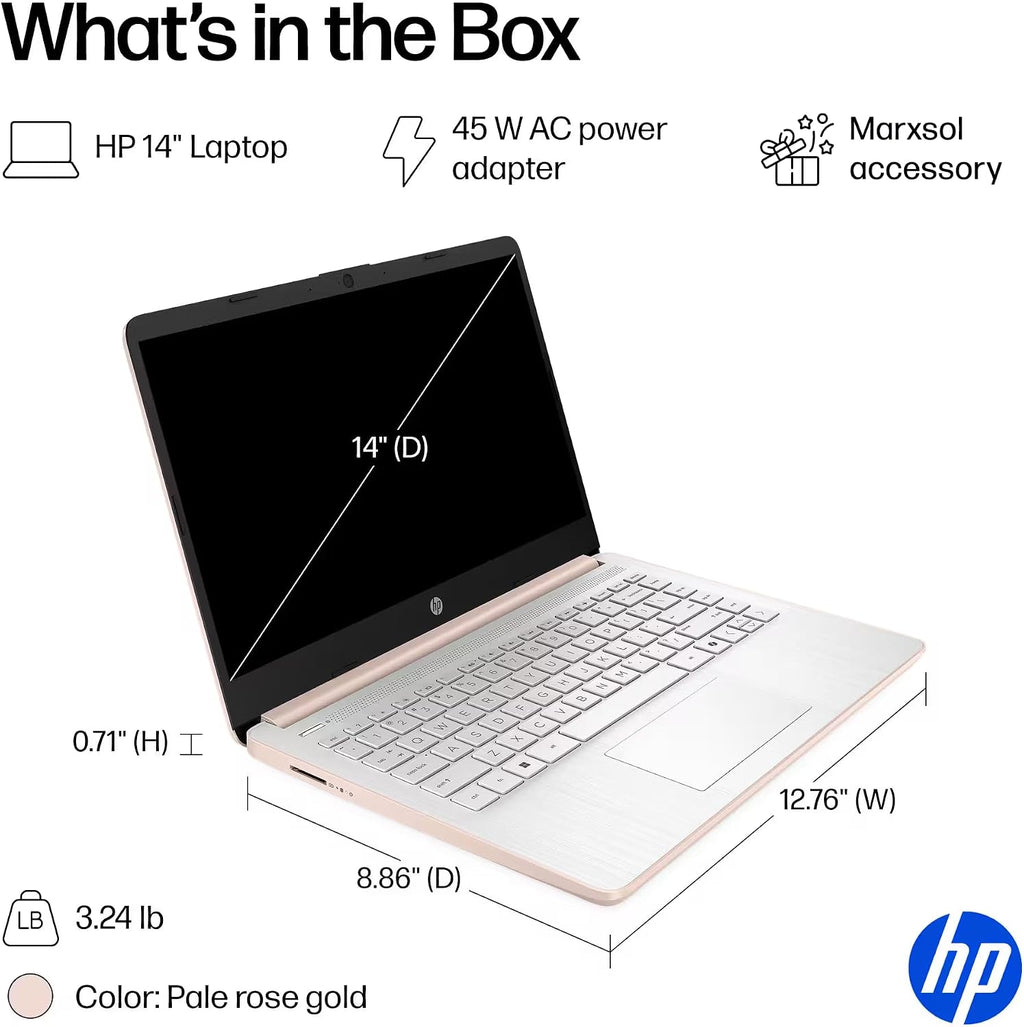 HP 14' Laptop Ultrabook 2026 Business Student Computer with MS Office & Copilot AI, Intel CPU Upto 2.8GHz, 8GB RAM, 628GB Storage (128GB SSD+500GB Ext), Wi-Fi 6, MarxsolAccessory, Win 11 Pro, RoseGold