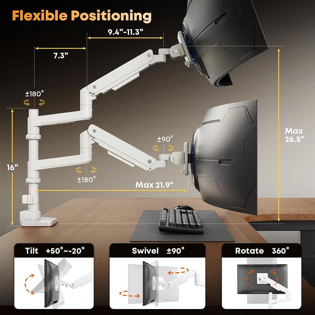 PUTORSEN 17-49'Premium Aluminum Heavy Duty Dual Monitor Arm for Ultrawide Screens up to 44lbs, Vertical Stacked Dual Monitor Desk Mount, Full Motion Dual Vertical Monitor Mount, VESA 75/100, White