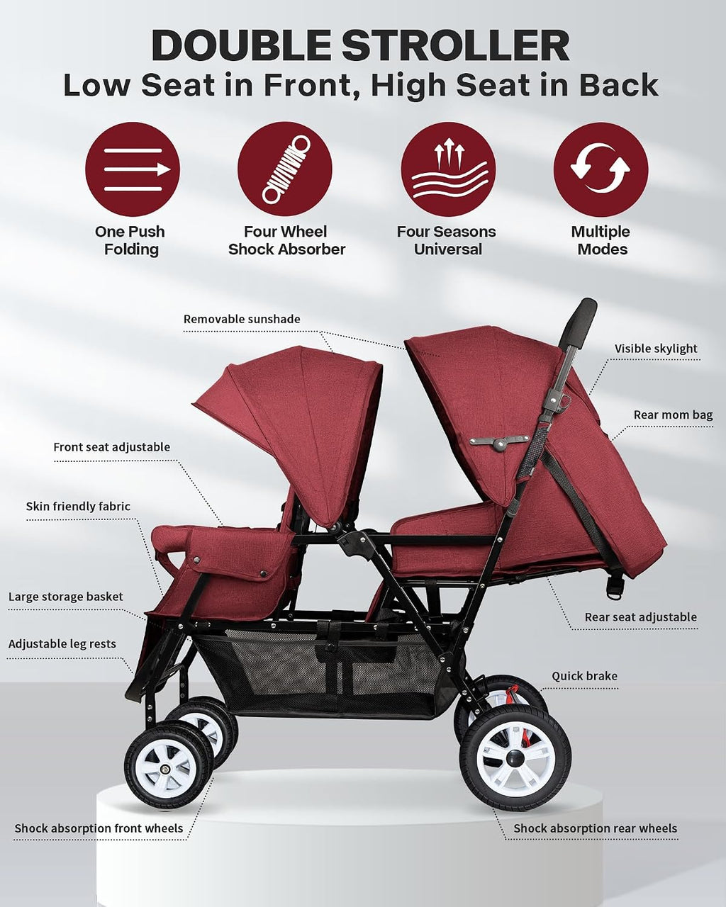 Double Stroller for Infant Toddler, Foldable Double Baby Stroller with Tandem Seating and Adjustable Backrest - Extra Gift Toys/Mosquito Net/Sleeping Mats/ 2 Cotton Pads/ 2 Hooks(Red)