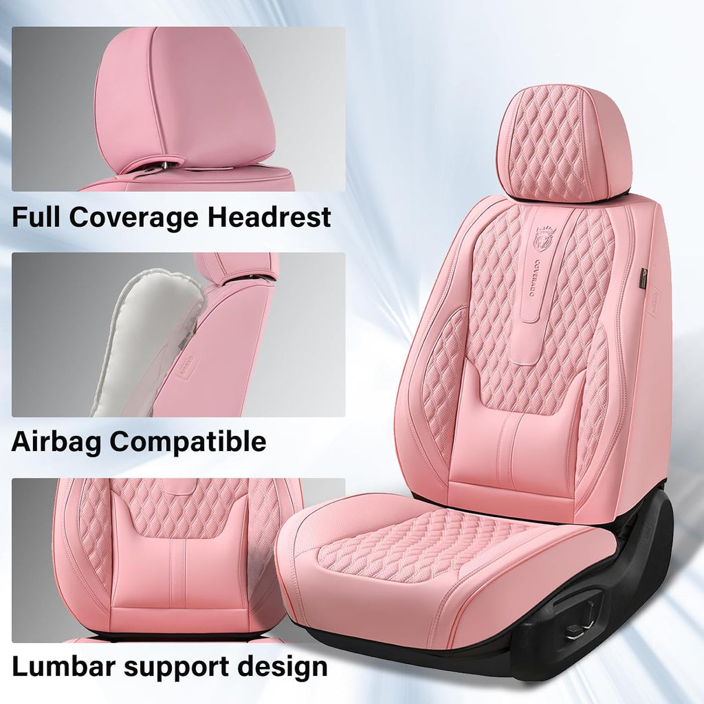 Coverado Seat Covers Front Seats, Pink Car Seat Cover with Lumbar Support, Waterproof Car Seat Cushion, Front Car Seat Covers Leatherette Car Seat Protector Universal Fit Most Cars