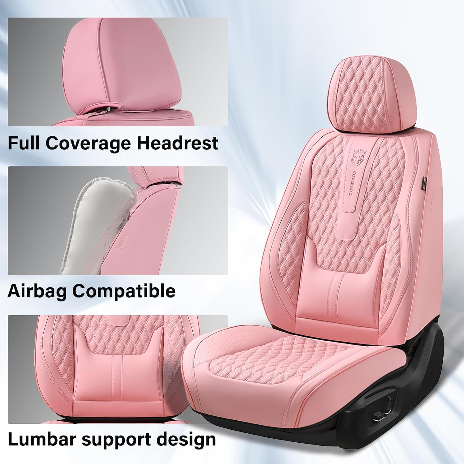 Coverado Seat Covers Front Seats, Pink Car Seat Cover with Lumbar Support, Waterproof Car Seat Cushion, Front Car Seat Covers Leatherette Car Seat Protector Universal Fit Most Cars