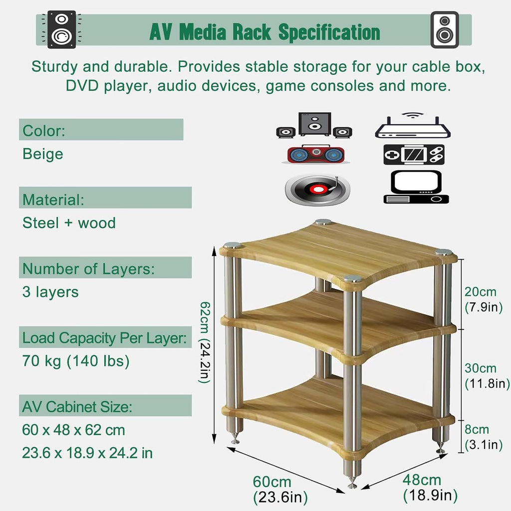 Small Space Media Stereo Shelf, 1 2 3 4 Tier Audio Racks Equipment Cabinets, Entertainment Stereo Components for Kitchen Living Room Bedroom(Beige,60x48x62cm)