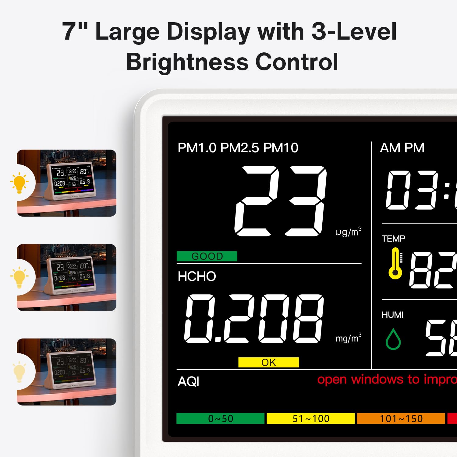 Upgrade Extended 12-Hour Battery Life 16 in 1 Air Quality Monitor Indoor with 7' Display, Professional Air Quality Meter for CO2, TVOC, PM2.5, PM1.0, PM10, HCHO, Temperature, Humidity, AQI & Time