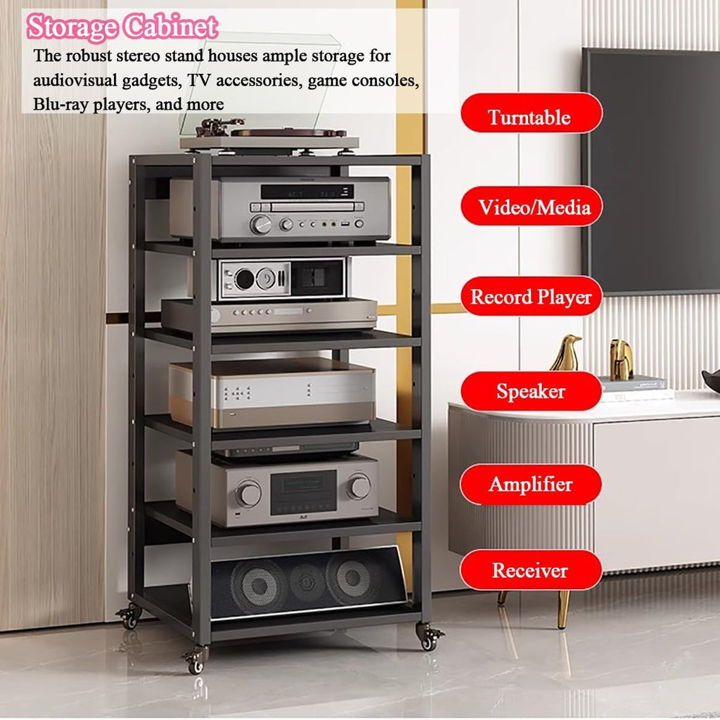 Small Space 5/6 Tier Media Speaker Amplifier Storage Shelf, Movable Audio Video Equipment Rack Stereo Receiver Components Cabinet