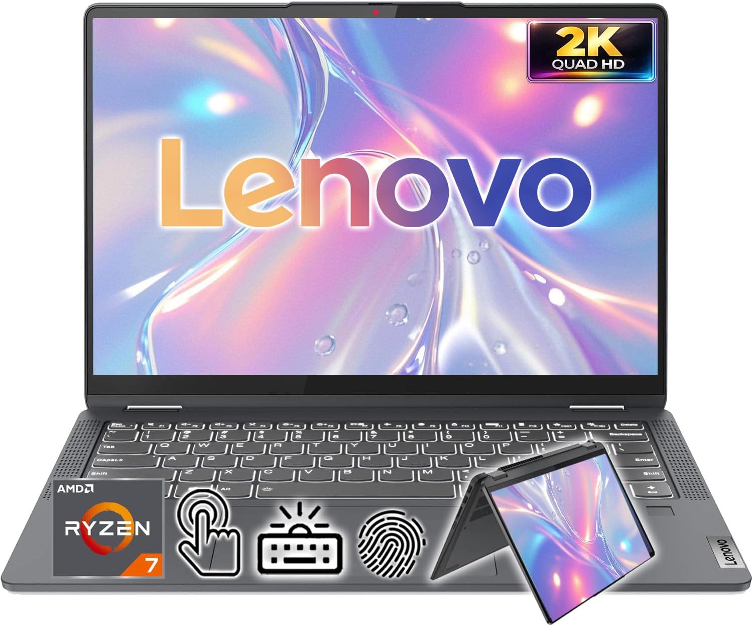 Lenovo IdeaPad 14' 2.2K QHD 2-in-1 Touchscreen Laptop | AMD Ryzen 7 Processor | Win 11 | 16GB RAM | 256GB PCIe SSD | Backlit Keyboard | Fingerprint | 1080P Camera | Convertible Laptop for Work & Study