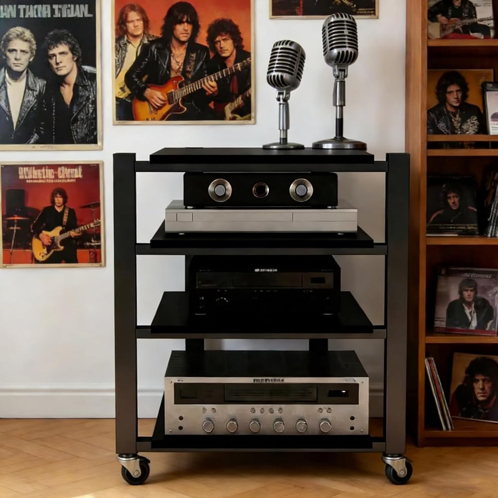 Heavy Duty Audio Component Rack, Wheels with 360° Brakes Av Media Stand, Black Cd Stereo Equipment Cabinet, Suitable for Home,Office/Audio Video/Theate(Black, 4 Tier)