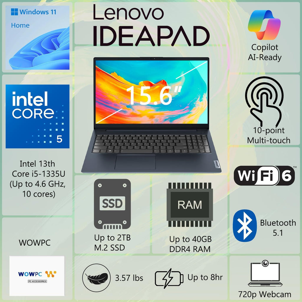 Lenovo New Ideapad Business Laptop(2025/2026) with Microsoft Office, 15.6' FHD Touchscreen Display, Intel 10-Core i5 CPU(Beats i7-1225U), 16GB RAM, 512GB SSD, Ultra Slim Design, Windows 11 Pro, WOWPC