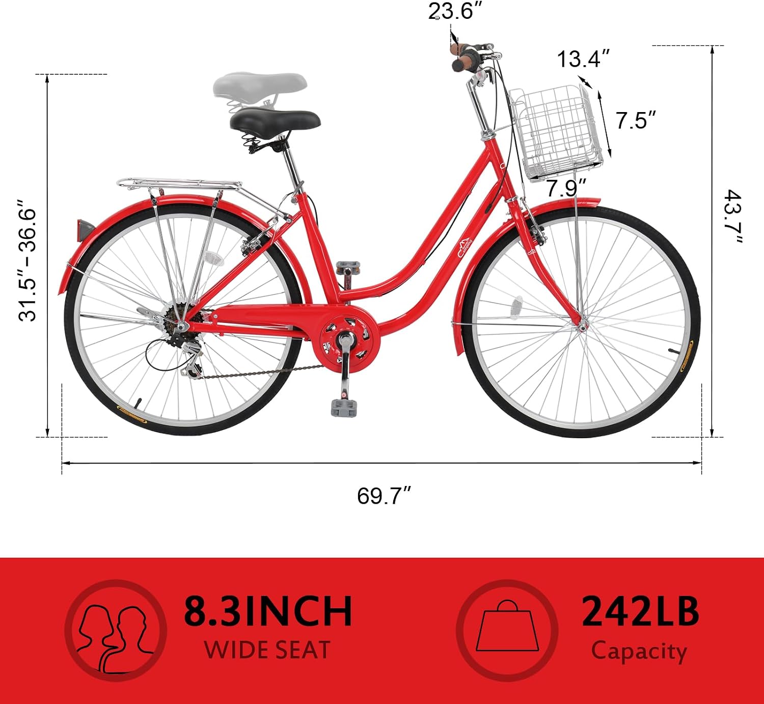 CamPingSurvivals 26' Beach Cruiser Bike, Commuter Bicycle, 7 Speed/Linear Pull Brakes/Widen Seat Men & Women Bike, Adult and Teens Bicycle for Urban Commuter