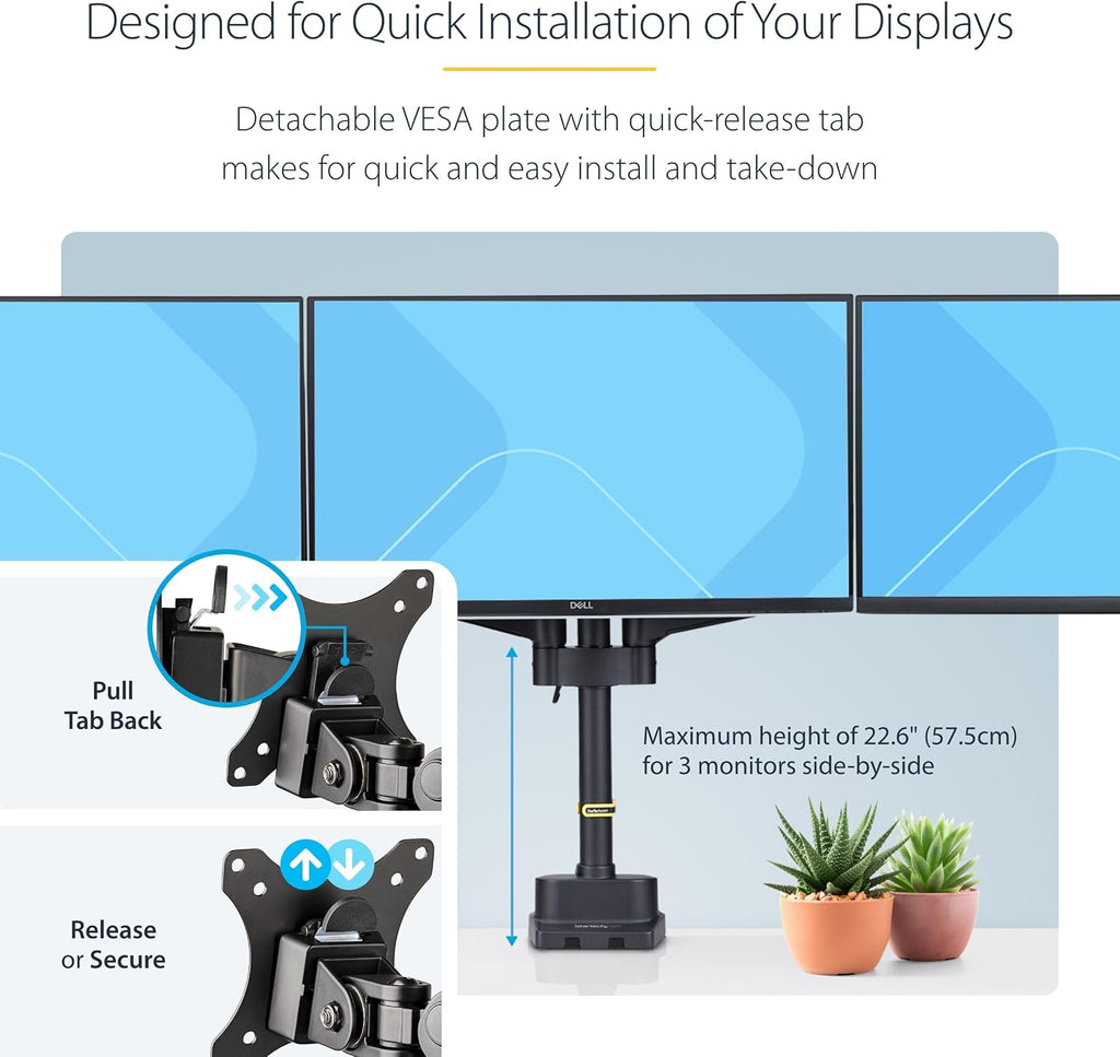 StarTech.com Desk Mount Triple Monitor Arm for Up to Three 27in Screens, VESA 75x75/100x100, Mechanical Spring Arm