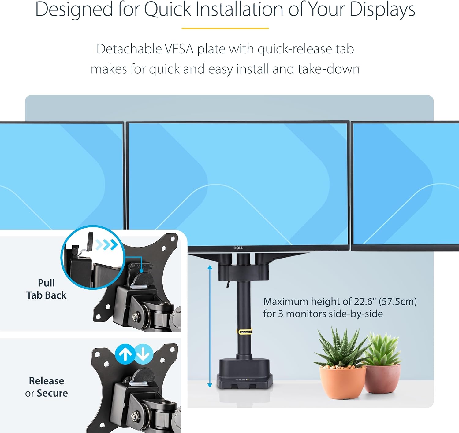 StarTech.com Desk Mount Triple Monitor Arm for Up to Three 27in Screens, VESA 75x75/100x100, Mechanical Spring Arm