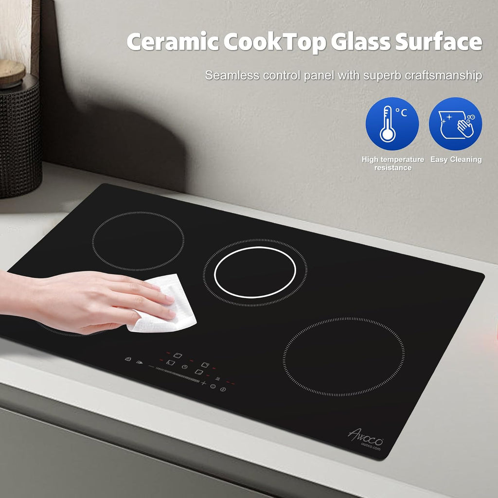 Awoco 30-Inch Ceramic Cooktop, 6600W Electric Stove with 4 Burners with hard wire, 9 Power Levels Digital Timer Child Lock, Residual Heat Indicator, Automatic Shut-Off Easy Clean Touch Panel, 220-240V