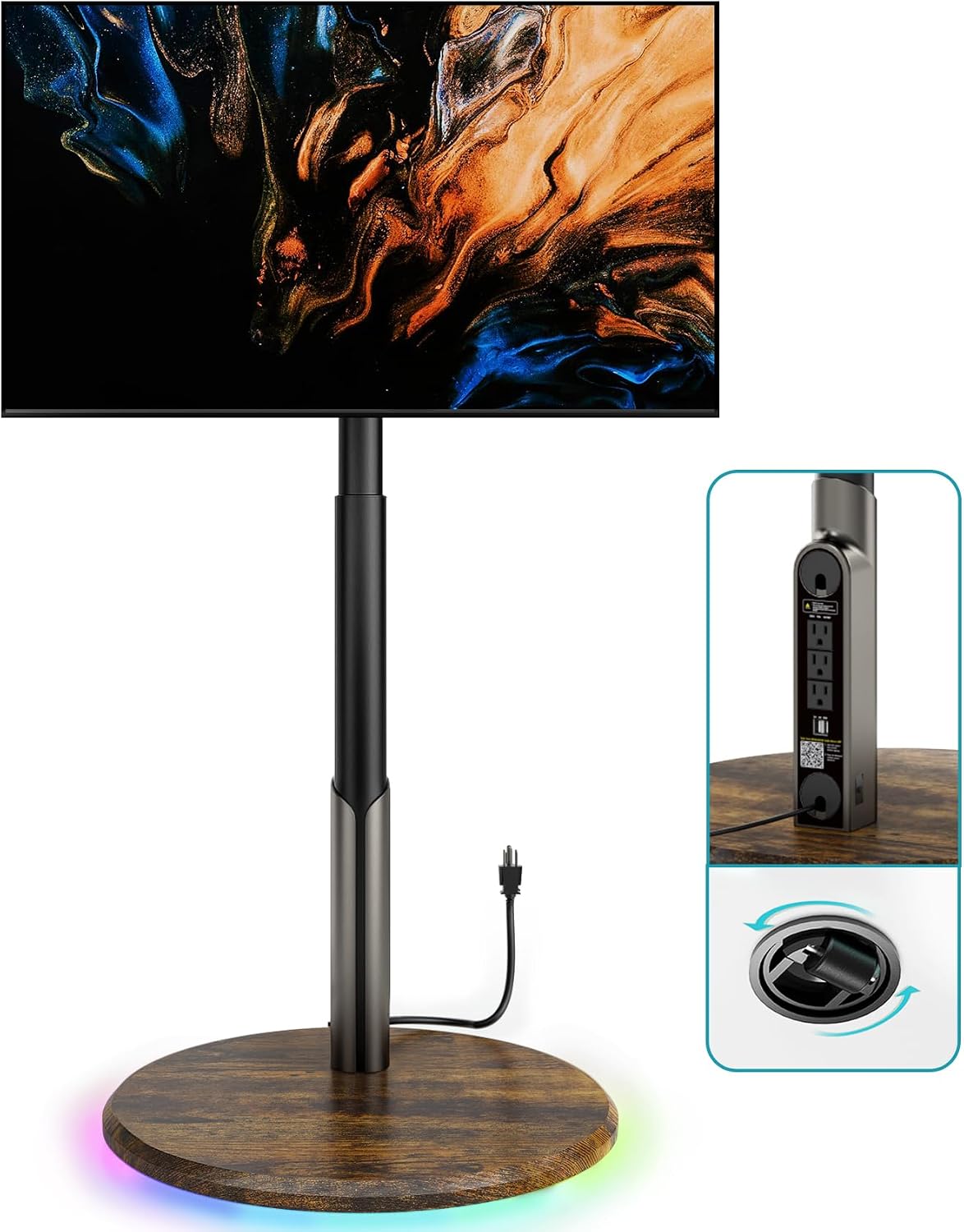 Mobile TV Stand with Power Outlet, Rolling TV Cart for 27-65 Inch OLED LED Monitors, 6 Levels of Height Adjustment, Ambient RGB Lighting on The Bottom Wheels Holds up to 88lbs