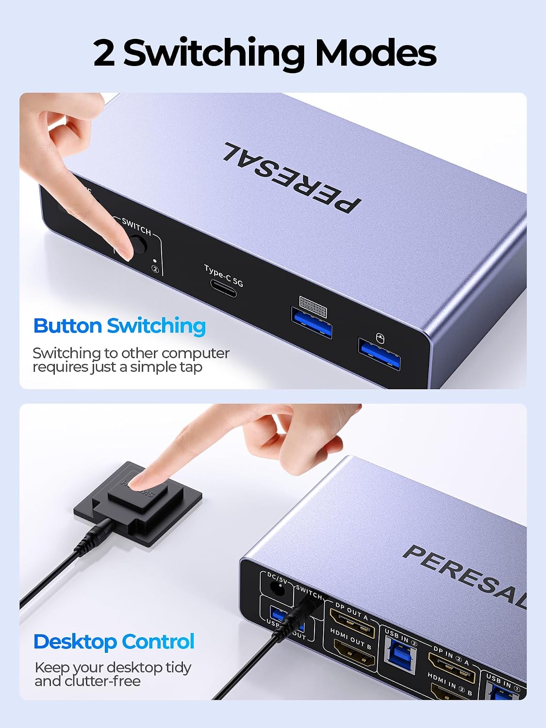 HDMI2.1+DP1.4 KVM Switch 8K60Hz 4K120Hz, 2 Monitors 2 Conputers, Share Mouse and Keyboard, U-Disk, Printer, 3 USB3.0 Ports 1 USB-C/Type-c Port 5Gbps