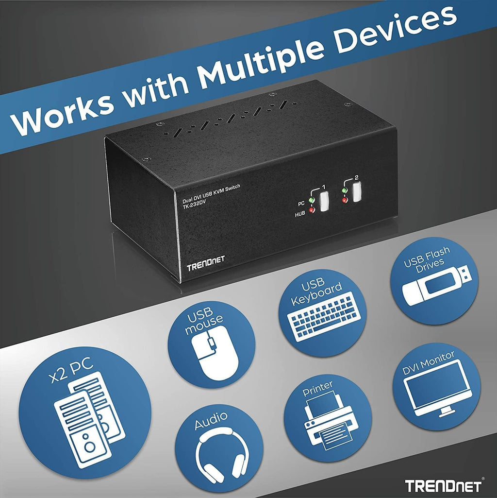 TRENDnet 2-Port Dual Monitor DVI KVM Switch with Audio, 2-Port USB 2.0 Hub, Digital Resolutions up to 1920 x 1200, Analog Resolutions up to 2048 x 1536, TK-232DV