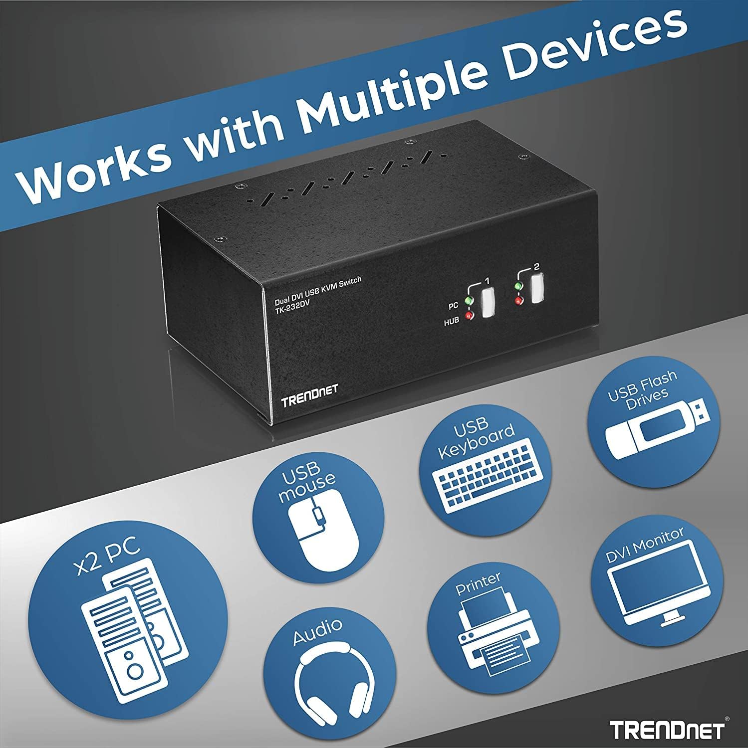 TRENDnet 2-Port Dual Monitor DVI KVM Switch with Audio, 2-Port USB 2.0 Hub, Digital Resolutions up to 1920 x 1200, Analog Resolutions up to 2048 x 1536, TK-232DV