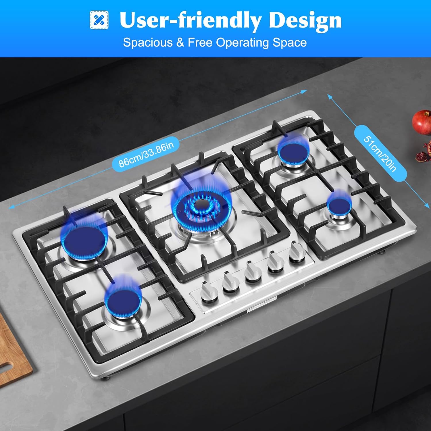 Gas Cooktop, 5 Burner Propane Stove Top, Electronic Pulse Ignition Portable Gas Stove with Push-button Rotary Switch, Built-In Stainless Steel GasCooktop for Homes or Restaurants.