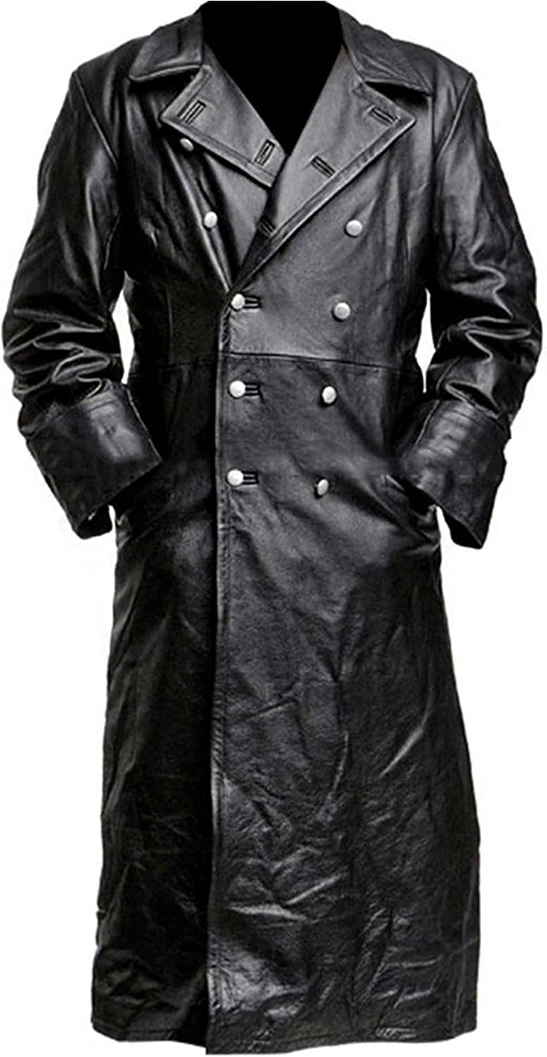 SKY-SELLER German Classic Officer WW2 Military Uniform Black Leather Trench Coat