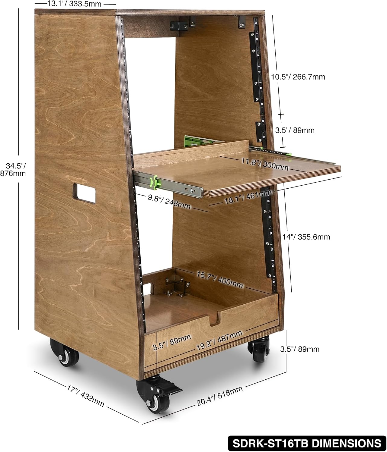 Sound Town DIY Slanted 16U Studio Rack (8U Top + 8U Lower), with 2U Bottom Storage, Slide-Out Tray, Caster, Plywood, Weathered Brown for Recording Room, Home Studio (SDRK-ST16TB)