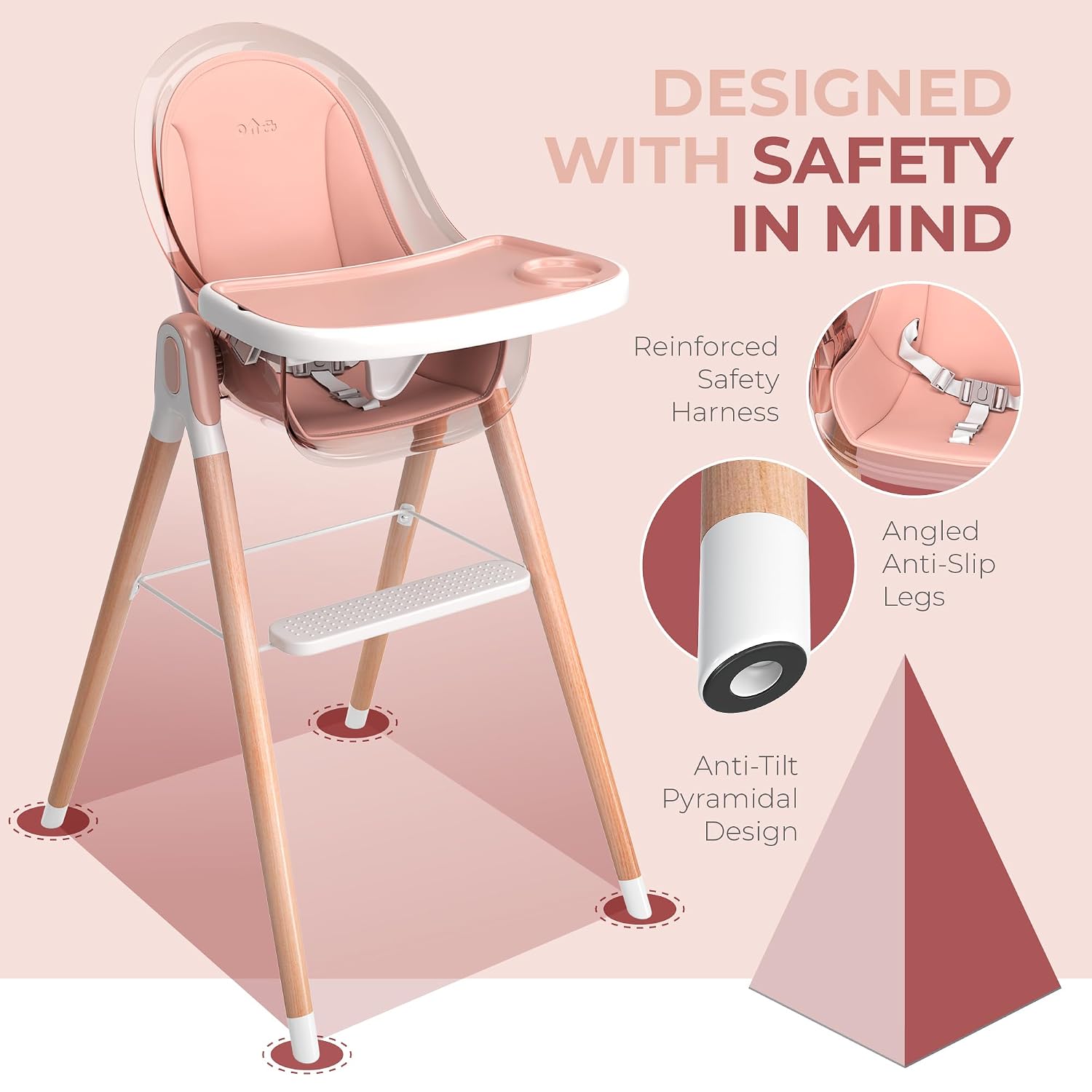 6 in 1 Deluxe Wooden High Chair for Babies & Toddlers Modern Safe Compact Baby Highchair, Easy to Clean, Removable Tray & Cushion, 6 Options 3 Seat Positions 2 Heights (Pink)