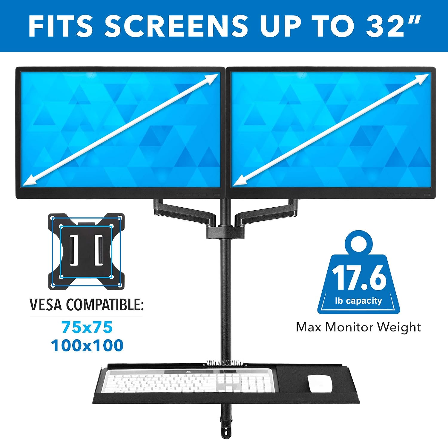 Mount-It! Dual Monitor Arm Wall Mount Workstation with Keyboard Tray & CPU Holder, Height Adjustable Gas Spring Full Motion Computer Station, Fits 17–32' VESA 75x75 100x100, Black