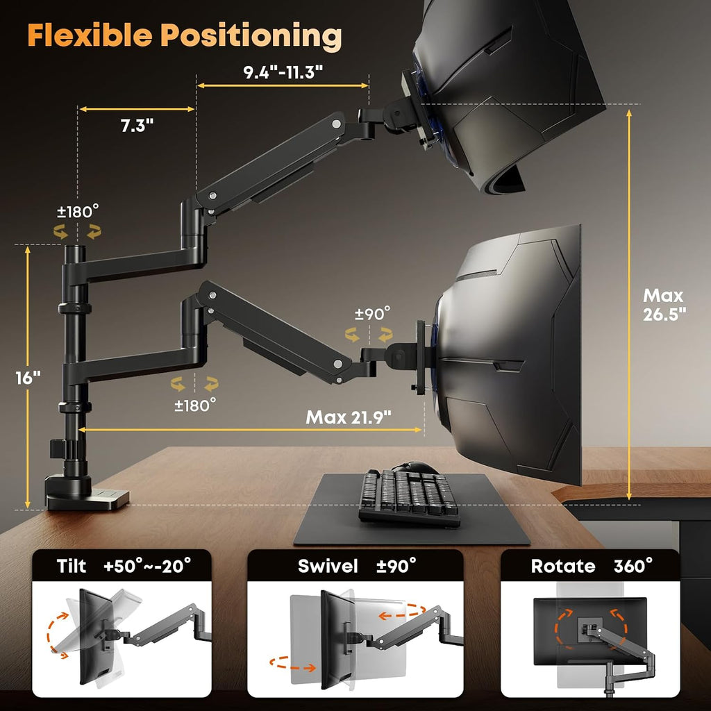 PUTORSEN 17-49 inch Premium Aluminum Heavy Duty Dual Monitor Arm for Ultrawide Screens up to 44lbs, Vertical Stacked Dual Monitor Desk Mount, Full Motion Dual Vertical Monitor Mount, VESA 75/100,Black
