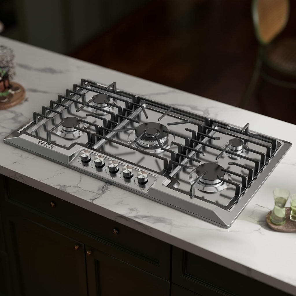 Empava EMPV-36GC23 36 Inch Stainless Steel Gas Cooktop Professional 5 Italy Sabaf Burners Stove Top Certified with Thermocouple Protection Silver