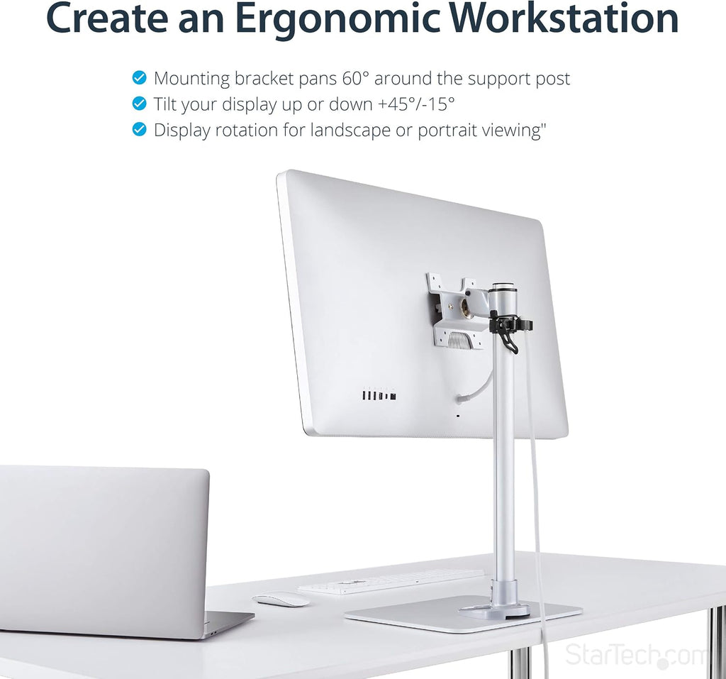 StarTech.com Single Monitor Stand, Adjustable, Supports UHD, iMac and Apple Thunderbolt Displays from 12'' to 34' (30.9lb/14kg), Premium Single Screen VESA Monitor Mount Stand, Silver, TAA
