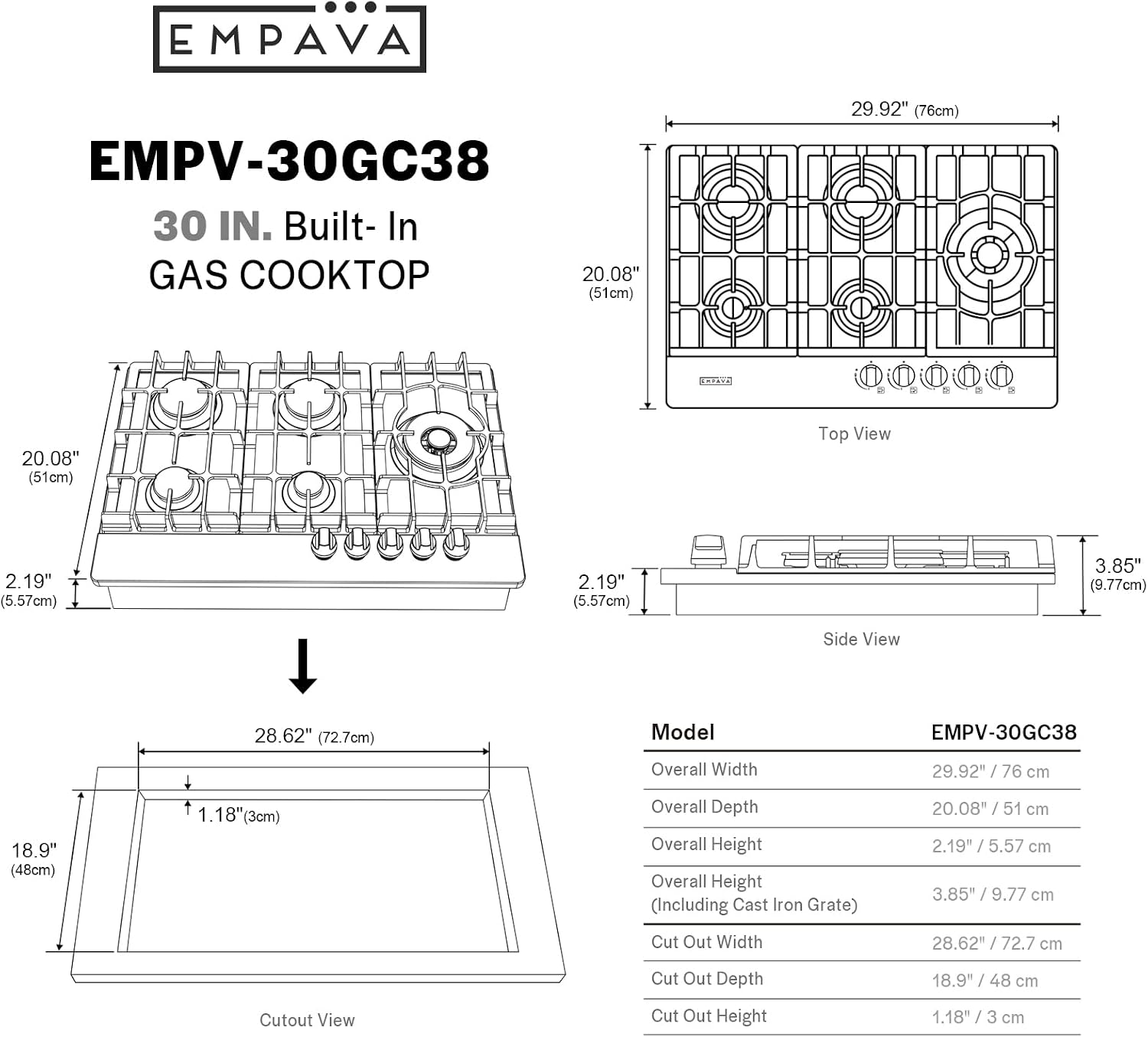Empava 30-Inch Gas Stove Cooktop - 5 Italy SABAF Sealed Burner NG/LPG Convertible in Stainless Steel