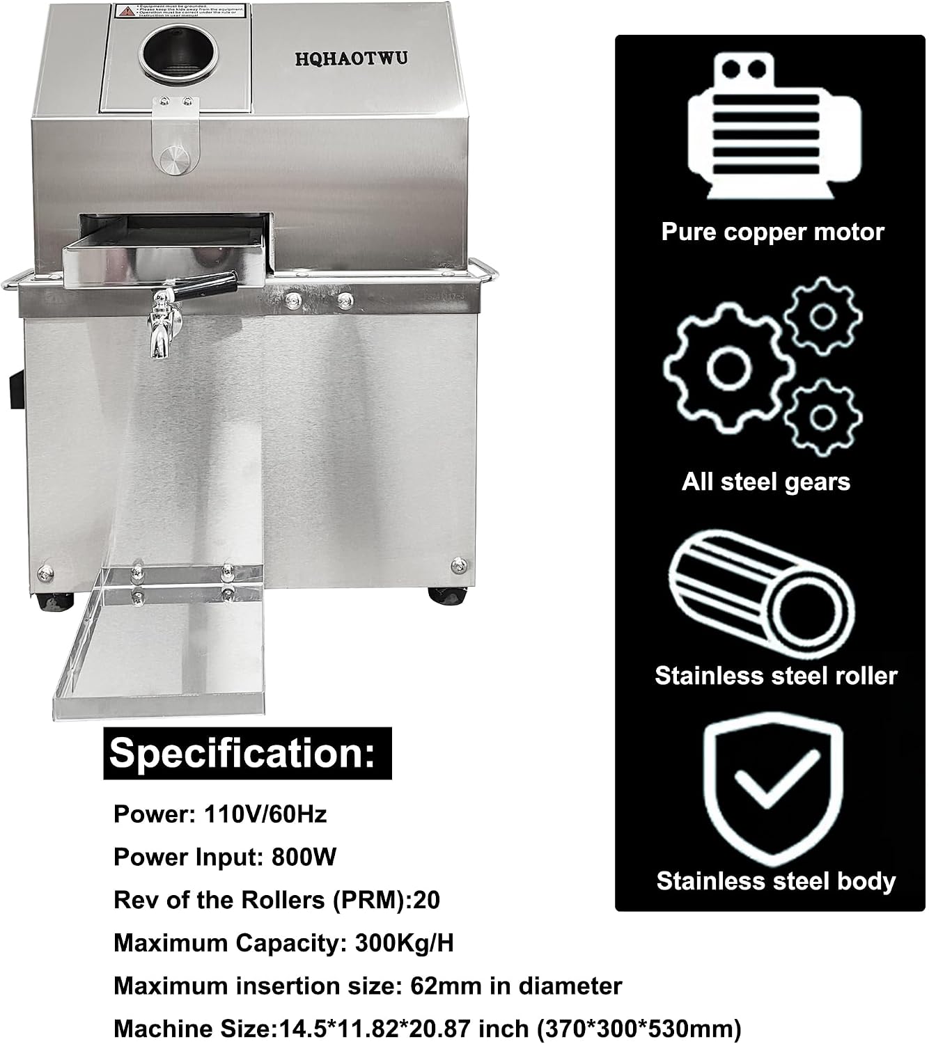 Sugarcane Juicer Electric Sugarcane Press Desktop Sugarcane Ginger Sorghum Stalk Press Sugarcane Juice Extractor 3 Stainless Steel Rollers Juice Press Machine 300Kg/H with 2 Knives 110V