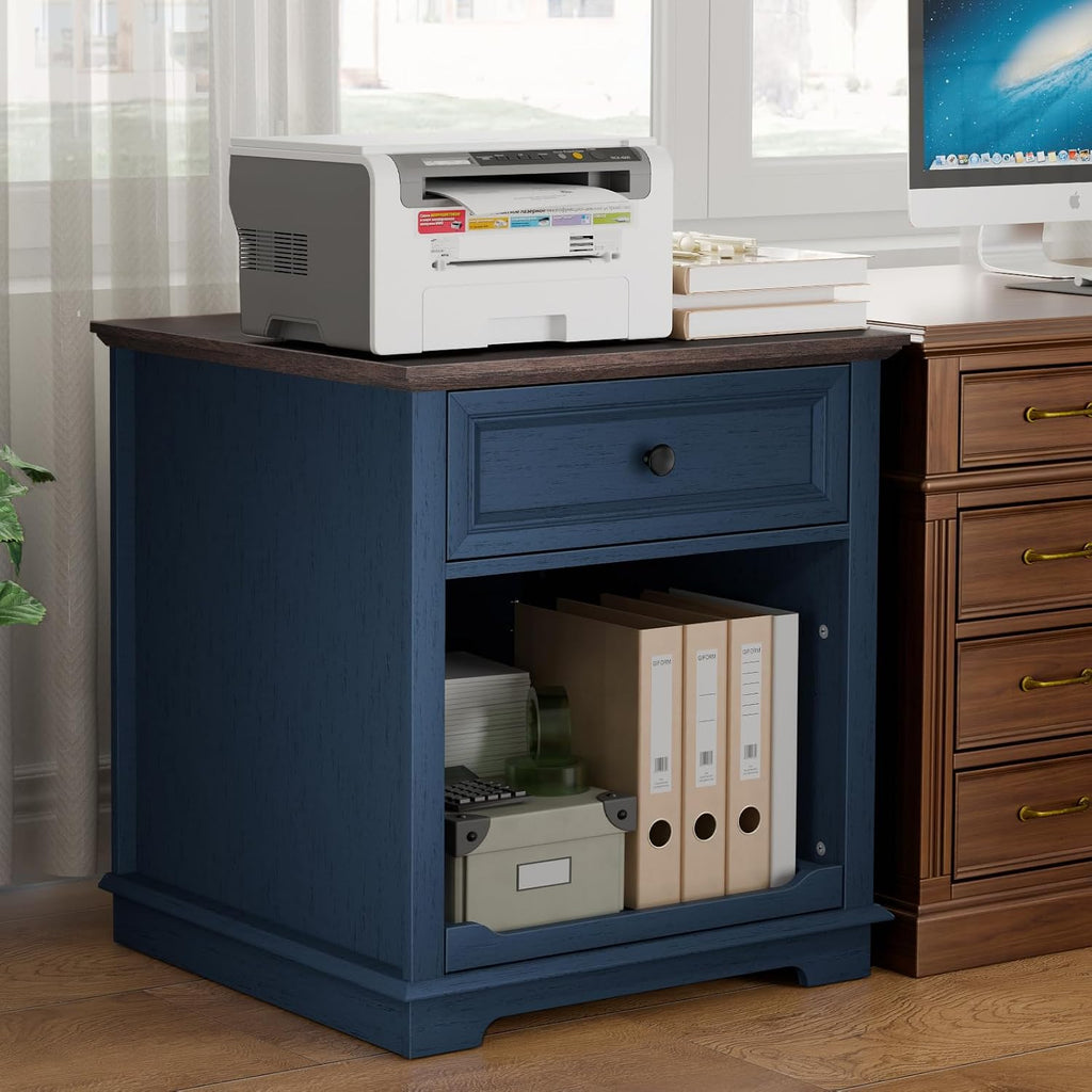 REDAYFUR Lateral File Cabinet 3 Drawer File Cabinet with Charging Station, Printer Stand with Open Adjustable Storage Shelves, Lateral Filing Cabinet for Home Office, Blue