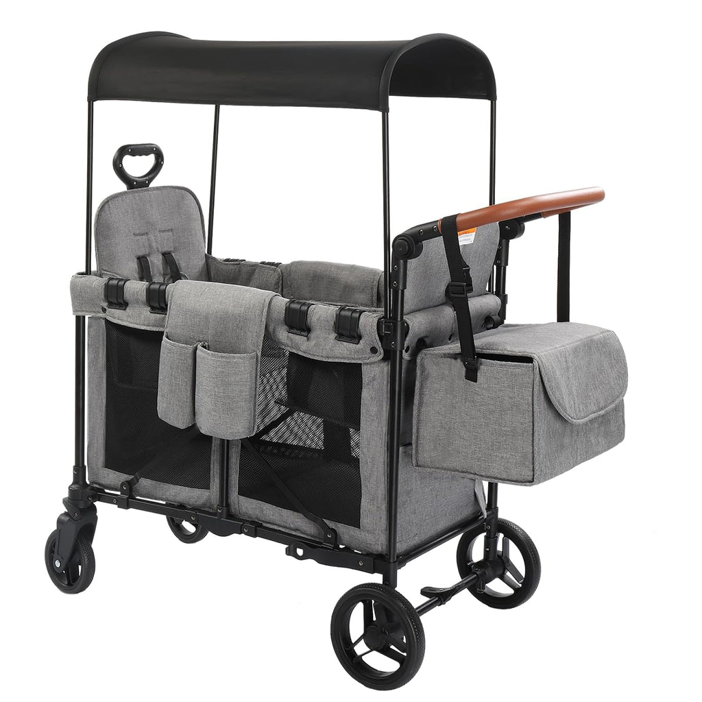 Wagon Stroller for 2 Kids, Foldable All-Terrain Wagon for Kids with Canopy, Adjustable Push and Pull Handles,Convertible High Seat & Organizer, 5 Point Harness (Light Gray)