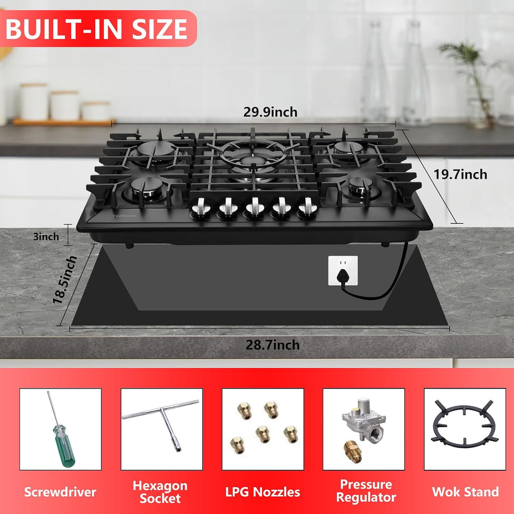 30 Inch Gas Cooktop, Built-in 5 Burners Stainless Steel Gas Stovetop Propane/Natural Gas Convertible Stove Top Dual Fuel Gas Hob (Black)