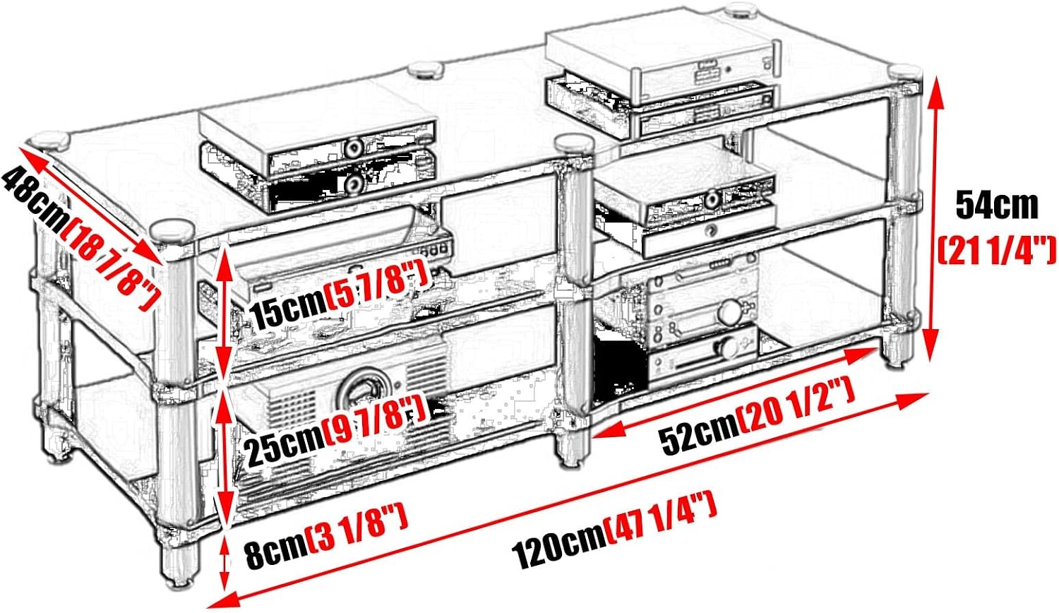 Storage Vintage Stereo Receiver Audio Cabinet, Home Theater Av Component Stand Floor Standing, Console Stereo Rack Stands, Stereo Unit Shelves(H 54cm (21 1/4'))