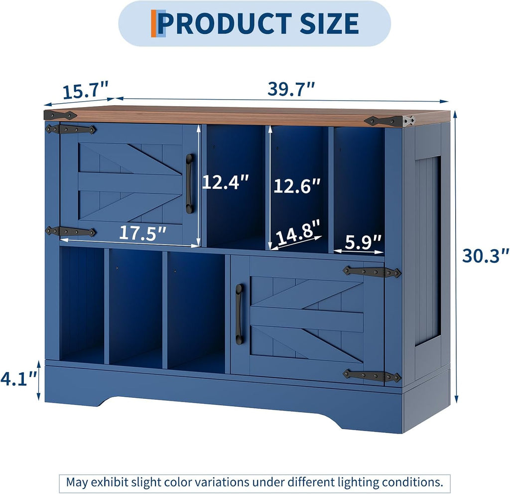 GarveeHome 39in Large Vinyl Record Storage, Farmhouse Wood Turntable Record Player Stand with Storage Cabinet and 2 Barn Doors for Living Room Bedroom, Navy Blue