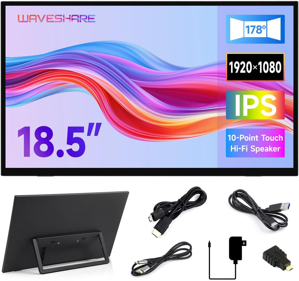 waveshare Luckfox 18.5inch Touch Monitor with Stand, Compatible with Raspberry Pi/Jetson Nano and PC, 1920 × 1080, 120Hz Refresh Rate, Mini HDMI/Type-C Display Ports, IPS Screen, 10-Point Touch
