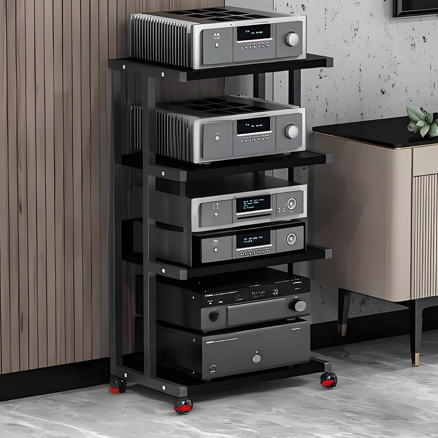 Black Wooden AV Cabinet - Audio-Video Media Stand & Stereo Rack, Movable Storage Tower for Home Theater, 50x40x100 cm, Stylish Audio Rack for Organizing Media Equipment