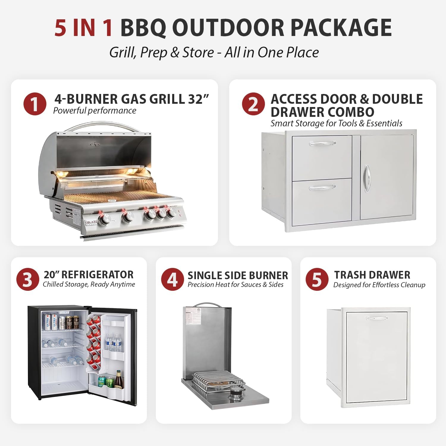 BLAZE BBQ Outdoor Gas Grill Package of 32' LTE Built-in Gas Grill, Dop-In Single Side Burner, 32' Door & Two Drawers Combo, Roll Out Double Trash Drawer, 20' Compact Refrigerator, and Accessories