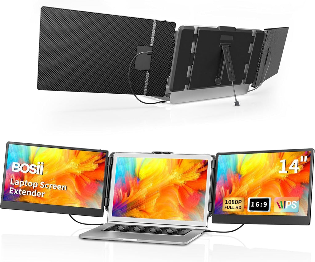 BOSII Laptop Screen Extender Monitor - 14 Inch Triple IPS FHD 1080P HDMI/USB-A/Type-C Extended Portable Monitor for Laptops (Maximum Length: 15.74') Compatible with Windows Mac Travel Work