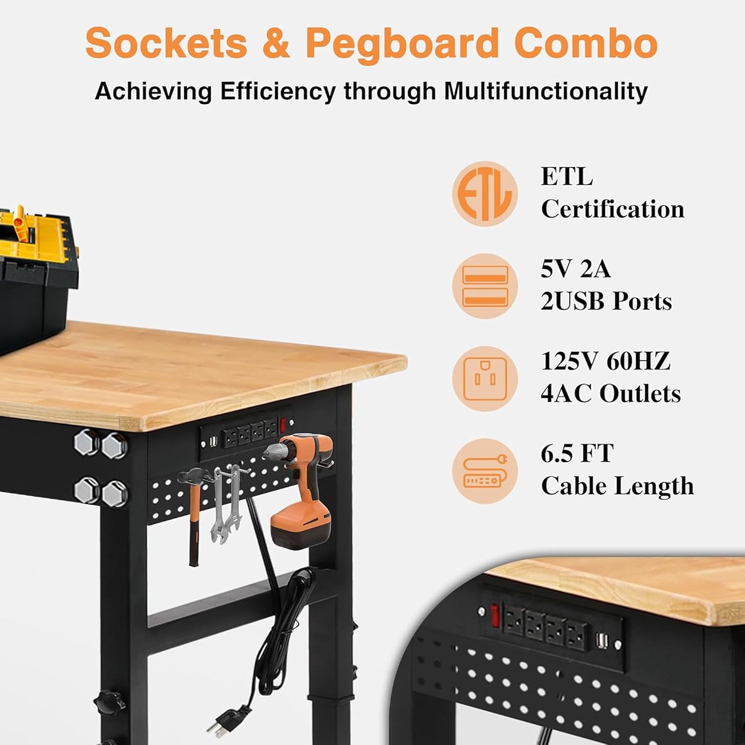 Betterhood Adjustable Height Workbench, 60' Rubber Wood Top Heavy Duty Workstation with Power Outlets, 2000 LBS Load Capacity Hardwood Worktable for Workshop, Garage, Office, Home, Commercial
