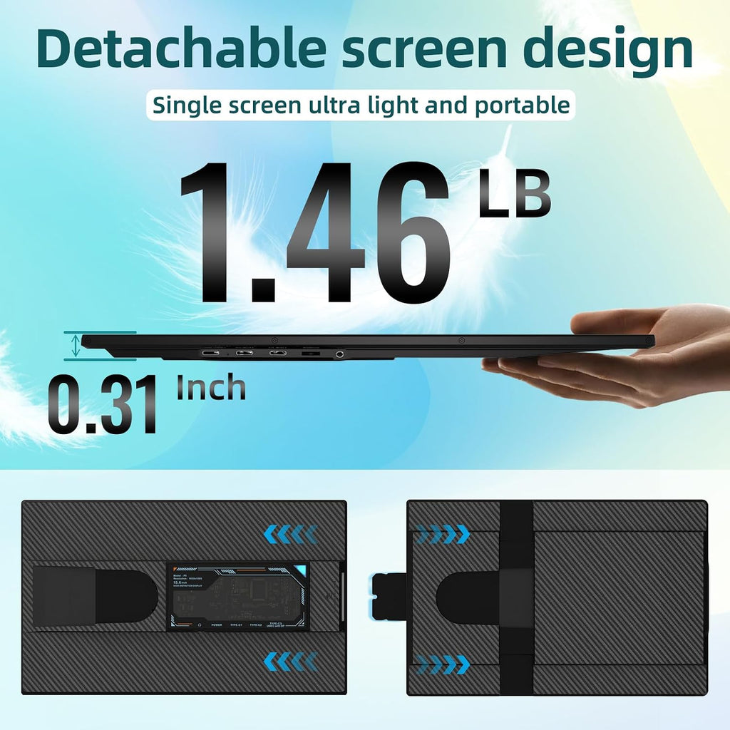 ROYY Laptop Screen Extender Dual Monitor - 15.6' Portable Monitor 85% NTSC IPS 1080P FHD Detachable Screen Extended Extra USB-C/HDMI Port Compatible with Wins Mac Dex Chrome Fits 13'-17' Laptops