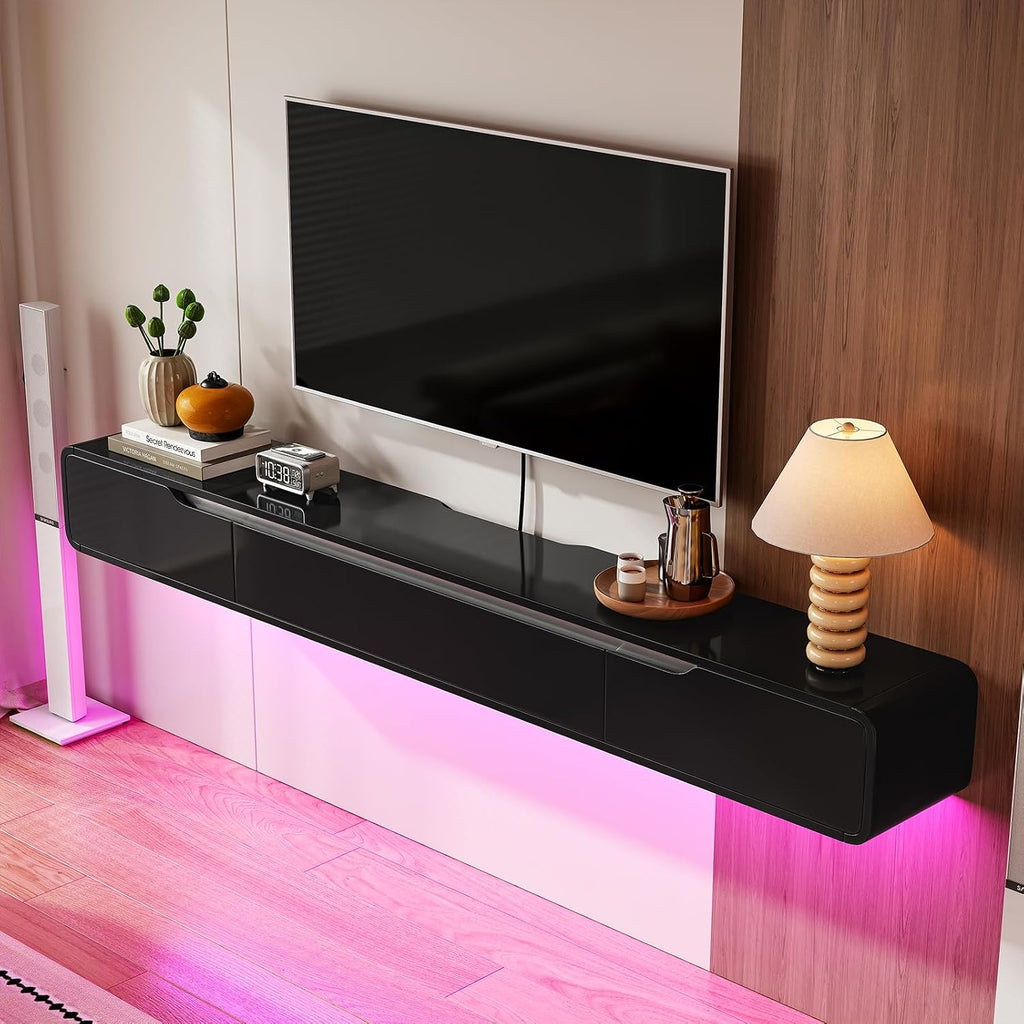 Fully-Assembled Floating TV Stand with Drawers, 55IN High Gloss Wall Mounted Entertainment Center, Modern Media Console with Storage, Under TV Shelf for Bedroom Living Room Black