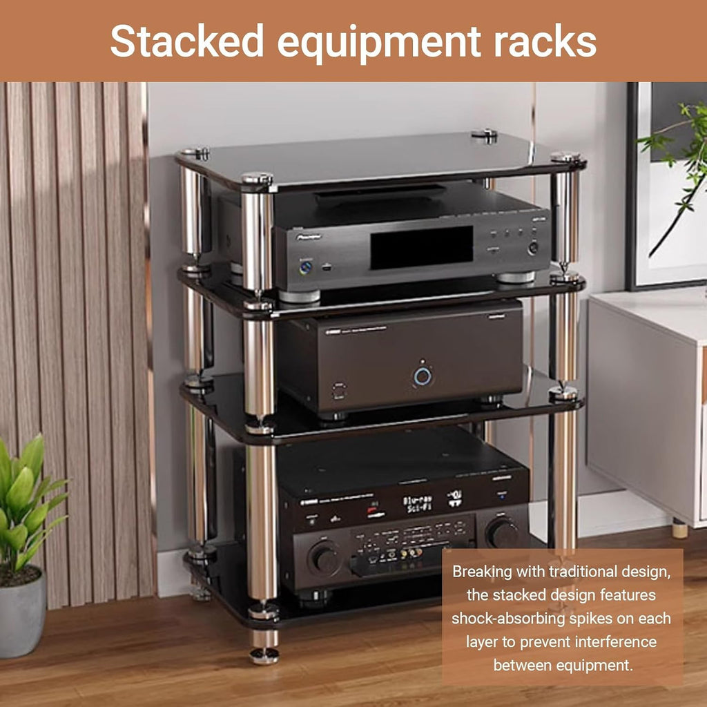 1/2/3/4 Tier AV Video Media Rack Stand,Tempered Glass Panel,Audio Media Storage Cabinet with Stainless Steel Legs,Solid Beech infill,Alloy Shock-Absorbing feet(Black,1-Tier)