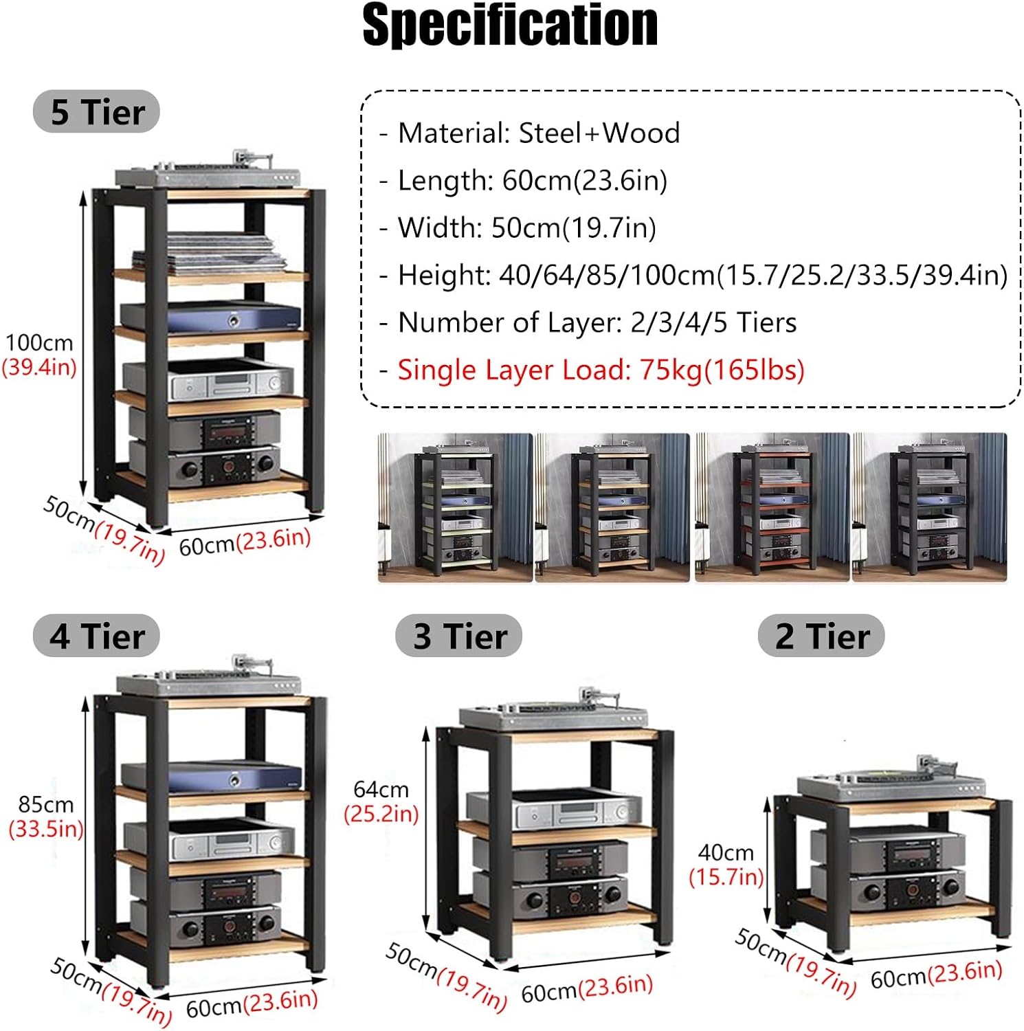 Audio Equipment Rack Cabinet, AV Component Media Stand, Stero Cabinet Audio-Video Tower with Non-Slip Foot Pad, Vertical Printer Holder, High-Durability