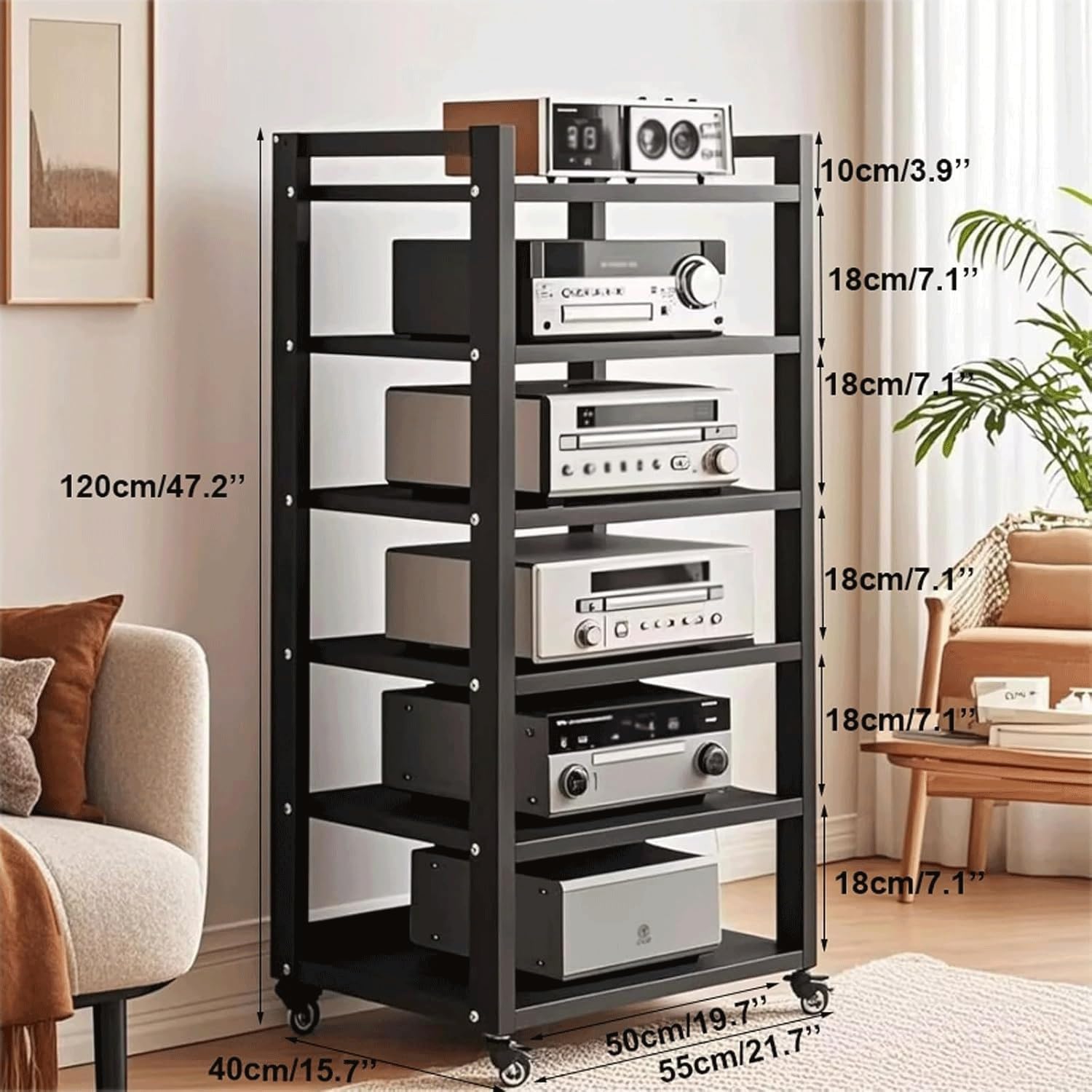 Audio Rack 6 Tier Stereo Rack Adjustable Audio Equipment Rack Audio Open HiFi Rack Wooden Movable Audio-Video Shelving with Wheels(Brown)