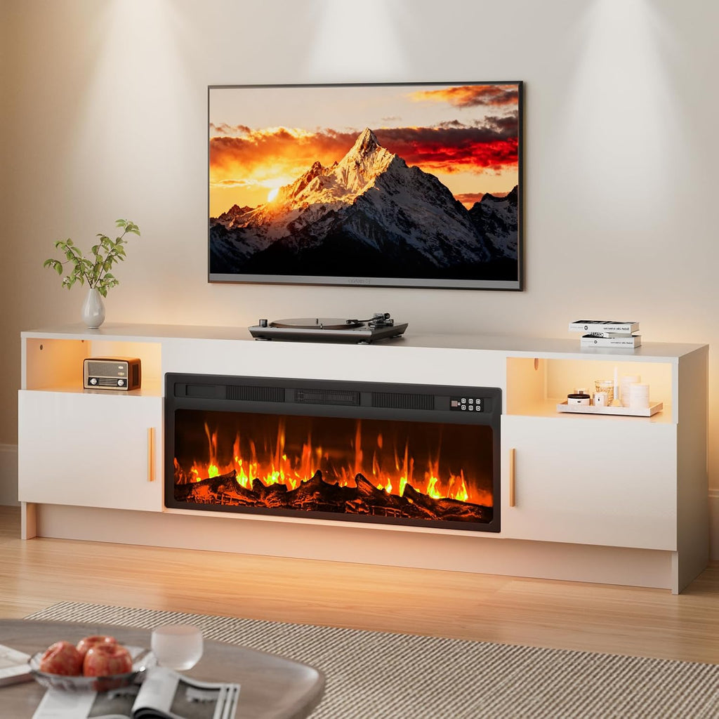EAG 70' Electric Fireplace TV Stand with 36 inch Fireplace Up to 80' TVs, Entertainment Center with with Storage Cabinet & LED Lights, Modern Media Console for Living Room, White